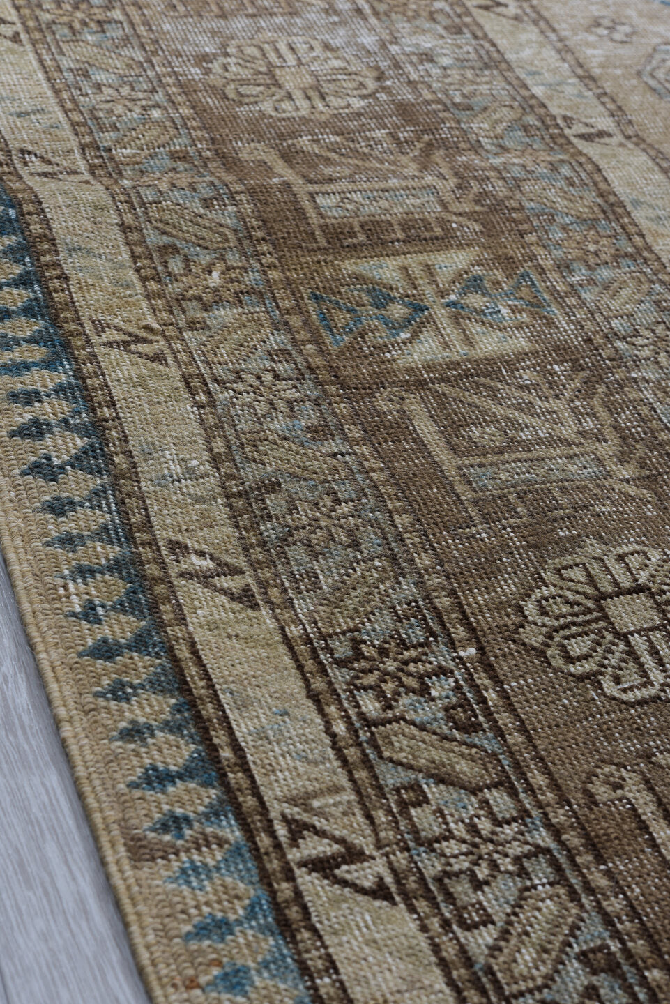 7' x 10' one-of-a-kind handmade vintage Ardebil large size rug. Color palette: ivory, taupe, brown, sky_blue, camel, slate