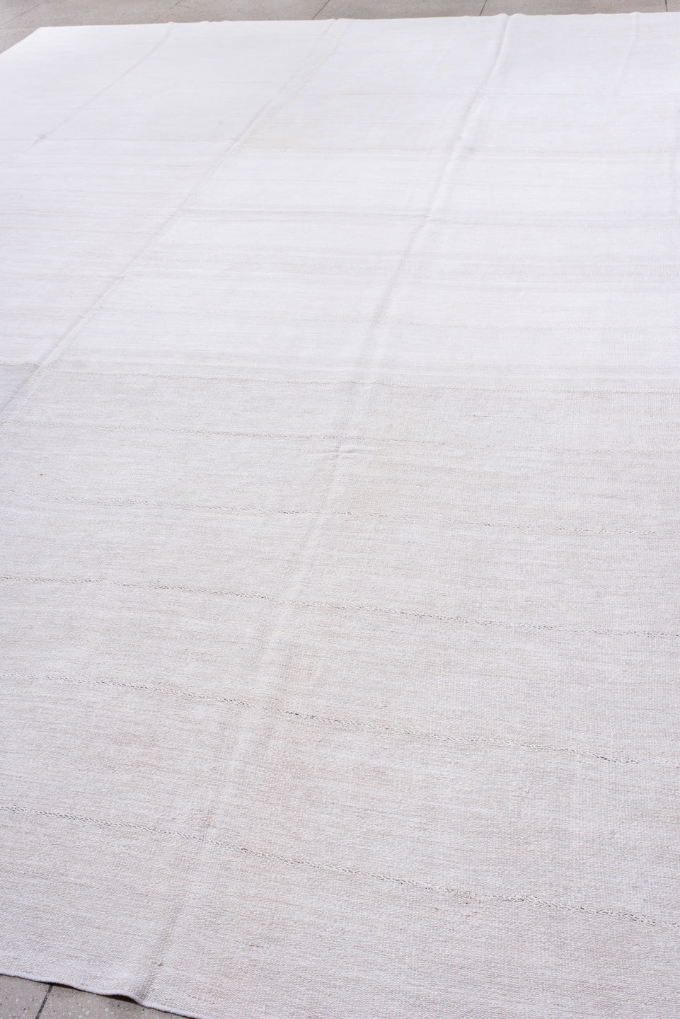 11' x 17' one-of-a-kind handmade antique Flatweave oversize rug. Color palette: ivory, cream, taupe, beige, gray