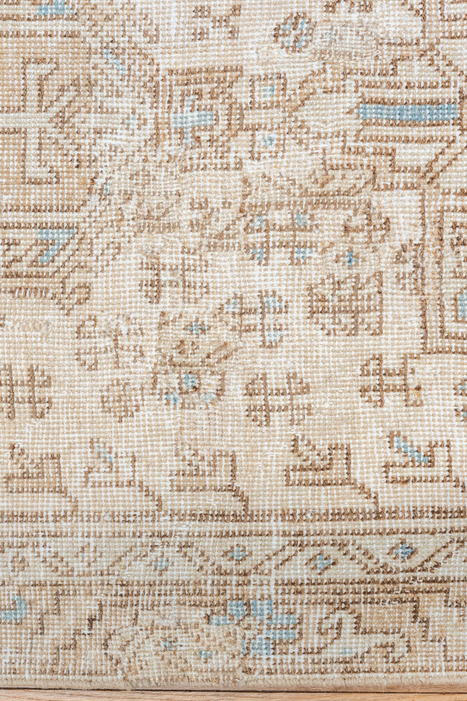 3' x 13' one-of-a-kind handmade antique Karaje runner rug. Color palette: ivory, taupe, sky blue, sand, beige, camel, gray