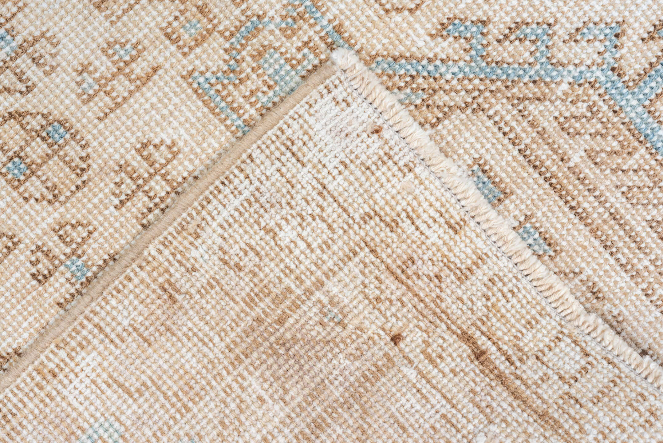 3' x 13' one-of-a-kind handmade antique Karaje runner rug. Color palette: ivory, taupe, sky blue, sand, beige, camel, gray