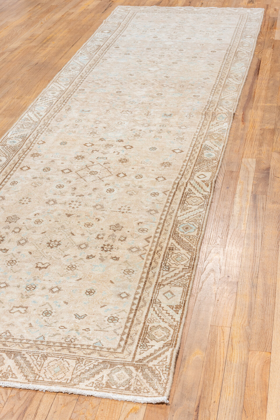 3' x 12' one-of-a-kind handmade vintage Malayer runner rug. Color palette: brown, gray, light gray, off-white, orange, pink