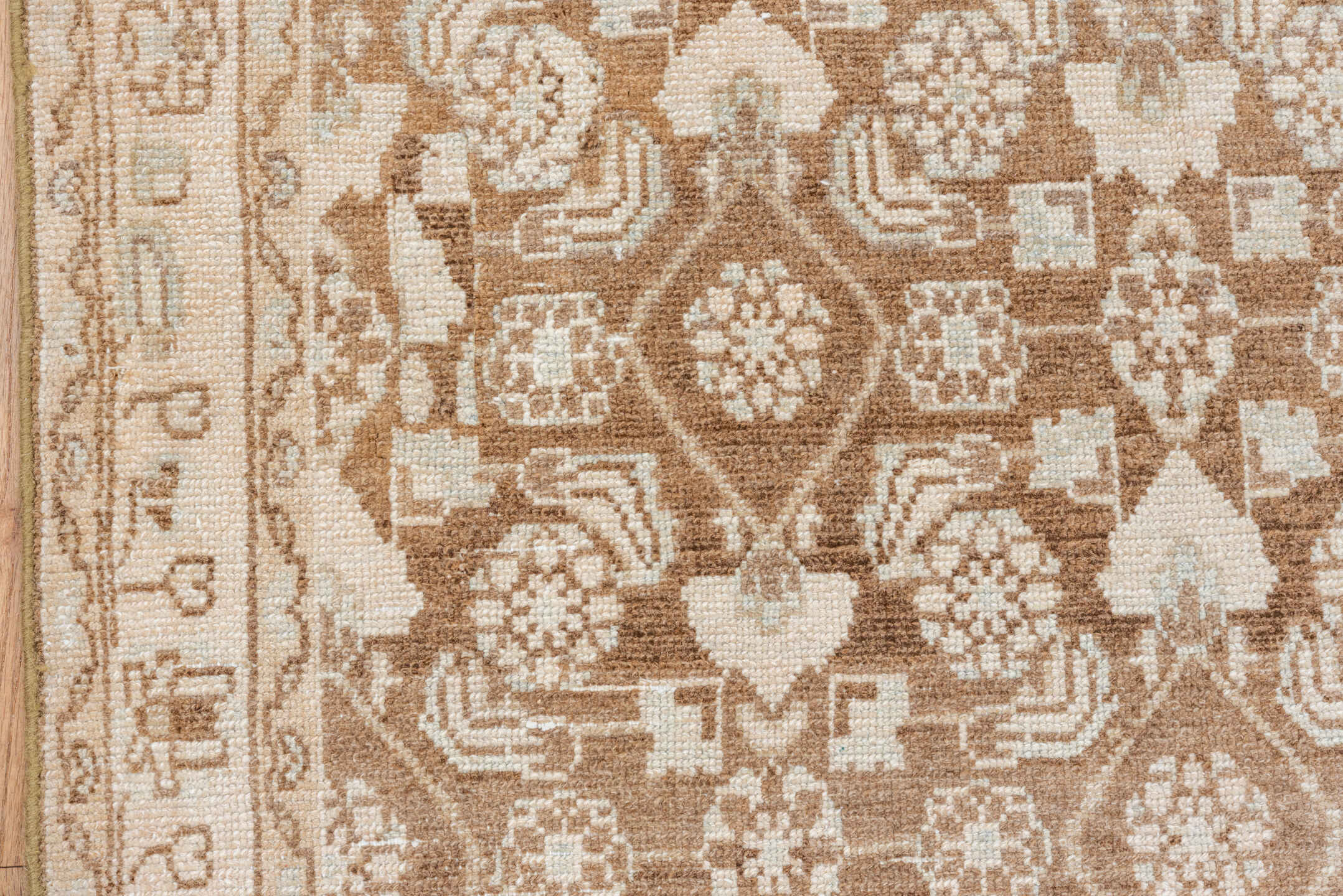 3' x 14' one-of-a-kind handmade vintage Malayer runner rug. Color palette: brown, gray, light gray, off-white, pink, snow
