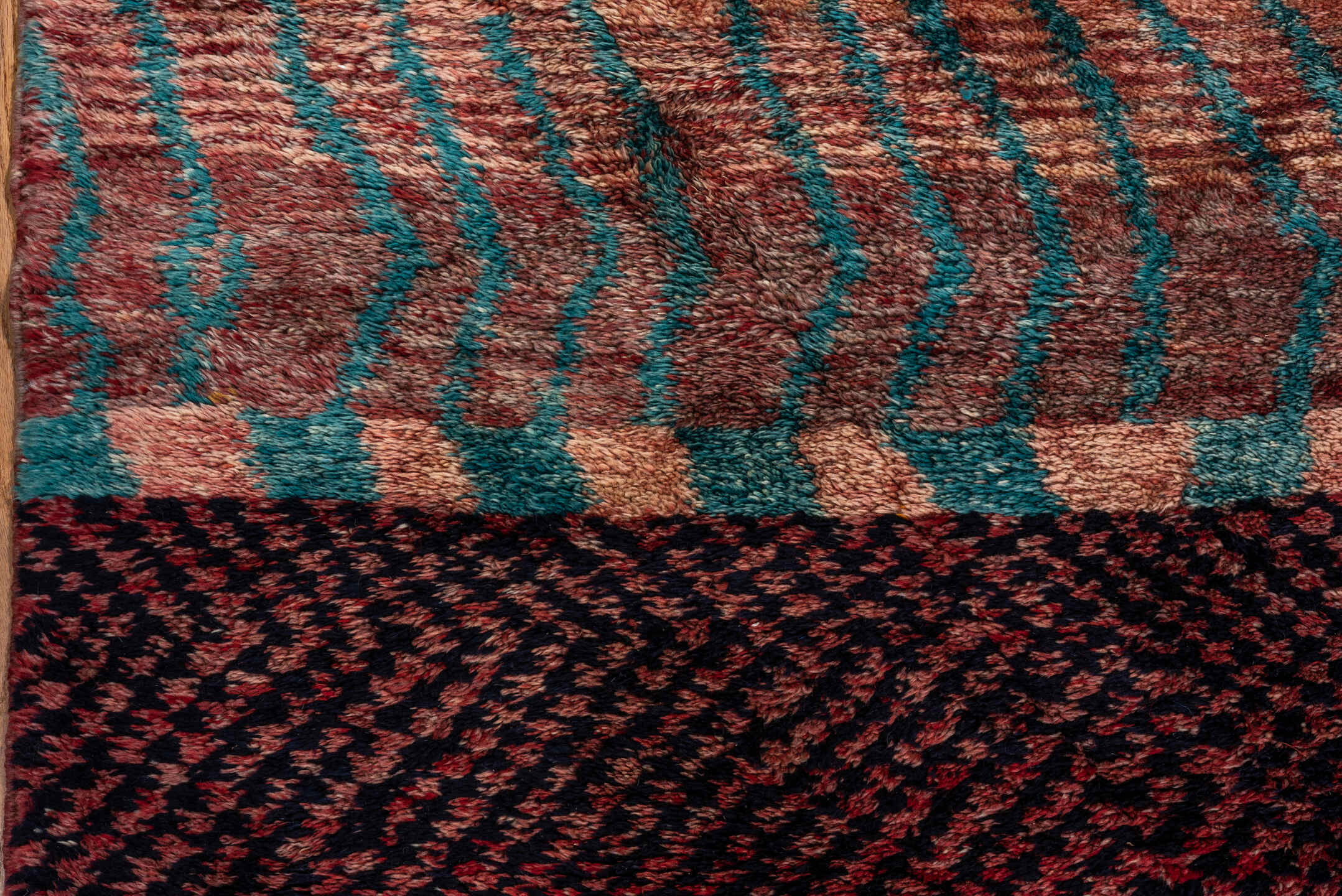 10' x 14' one-of-a-kind handmade vintage Moroccan large size rug. Color palette: rose, rust, brown, charcoal, turquoise