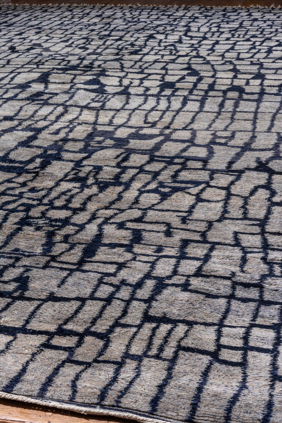 13' x 20' one-of-a-kind handmade vintage Moroccan oversize rug. Color palette: black, blue, dark gray, dim gray, gray