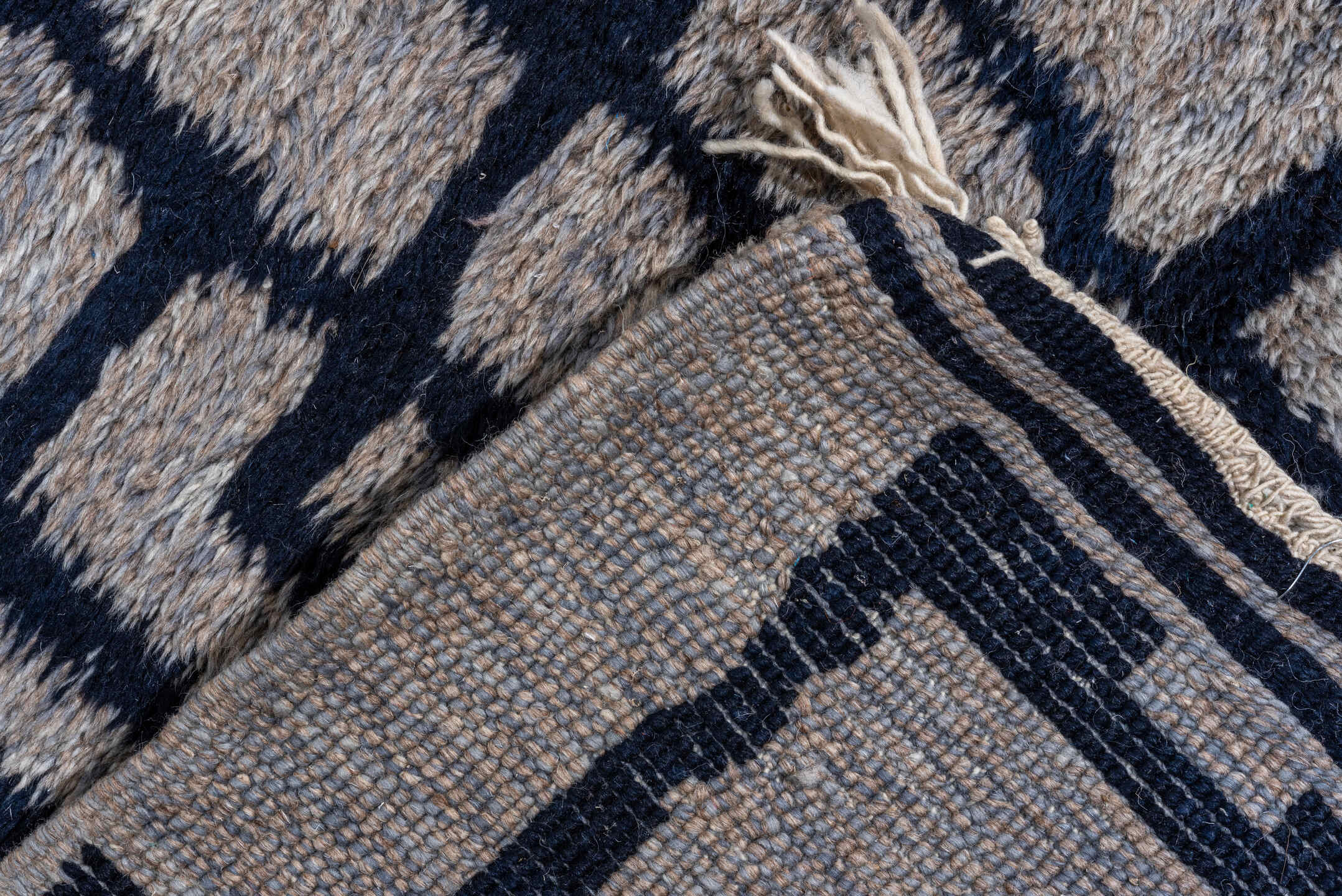 13' x 20' one-of-a-kind handmade vintage Moroccan oversize rug. Color palette: black, blue, dark gray, dim gray, gray