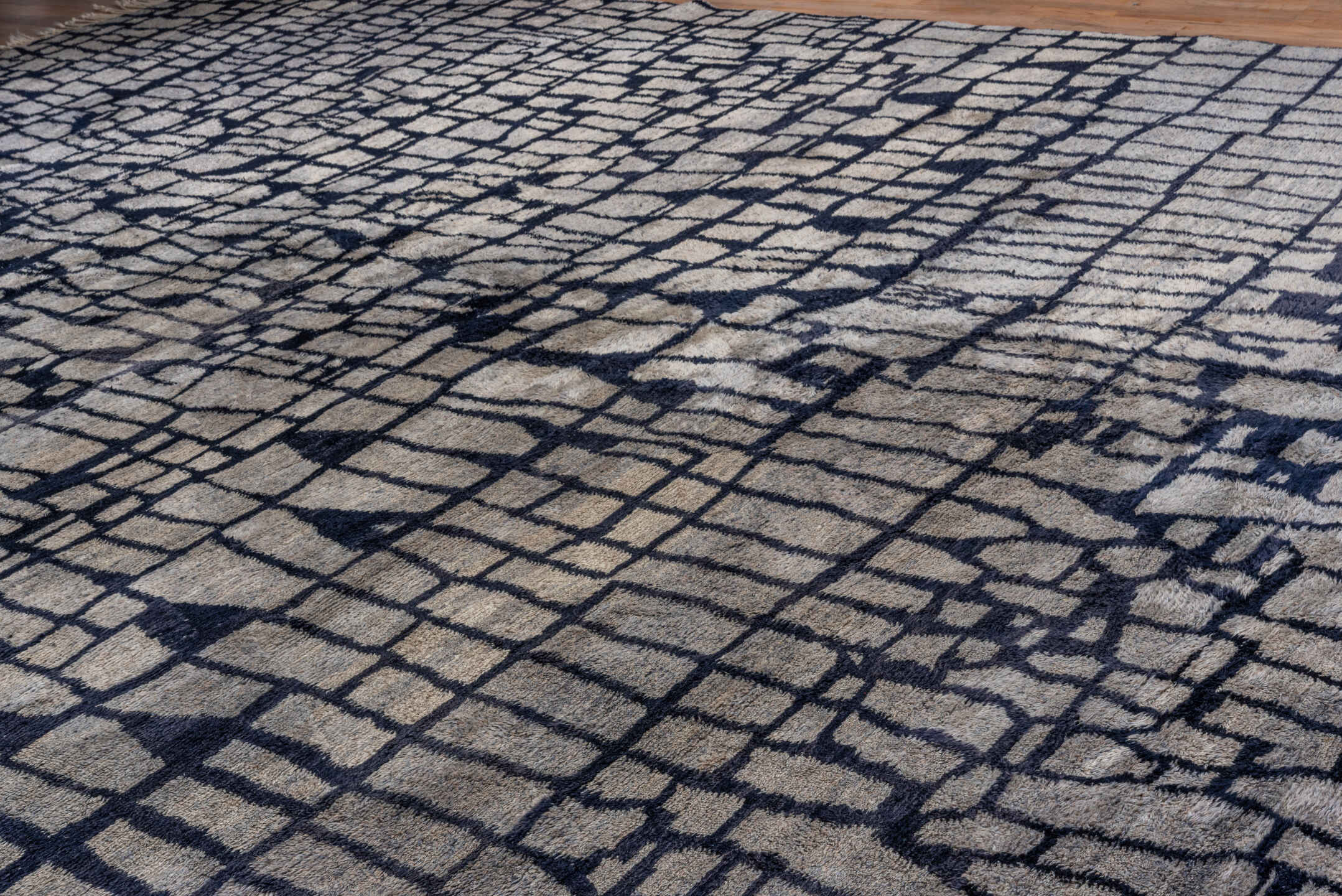 13' x 20' one-of-a-kind handmade vintage Moroccan oversize rug. Color palette: black, blue, dark gray, dim gray, gray