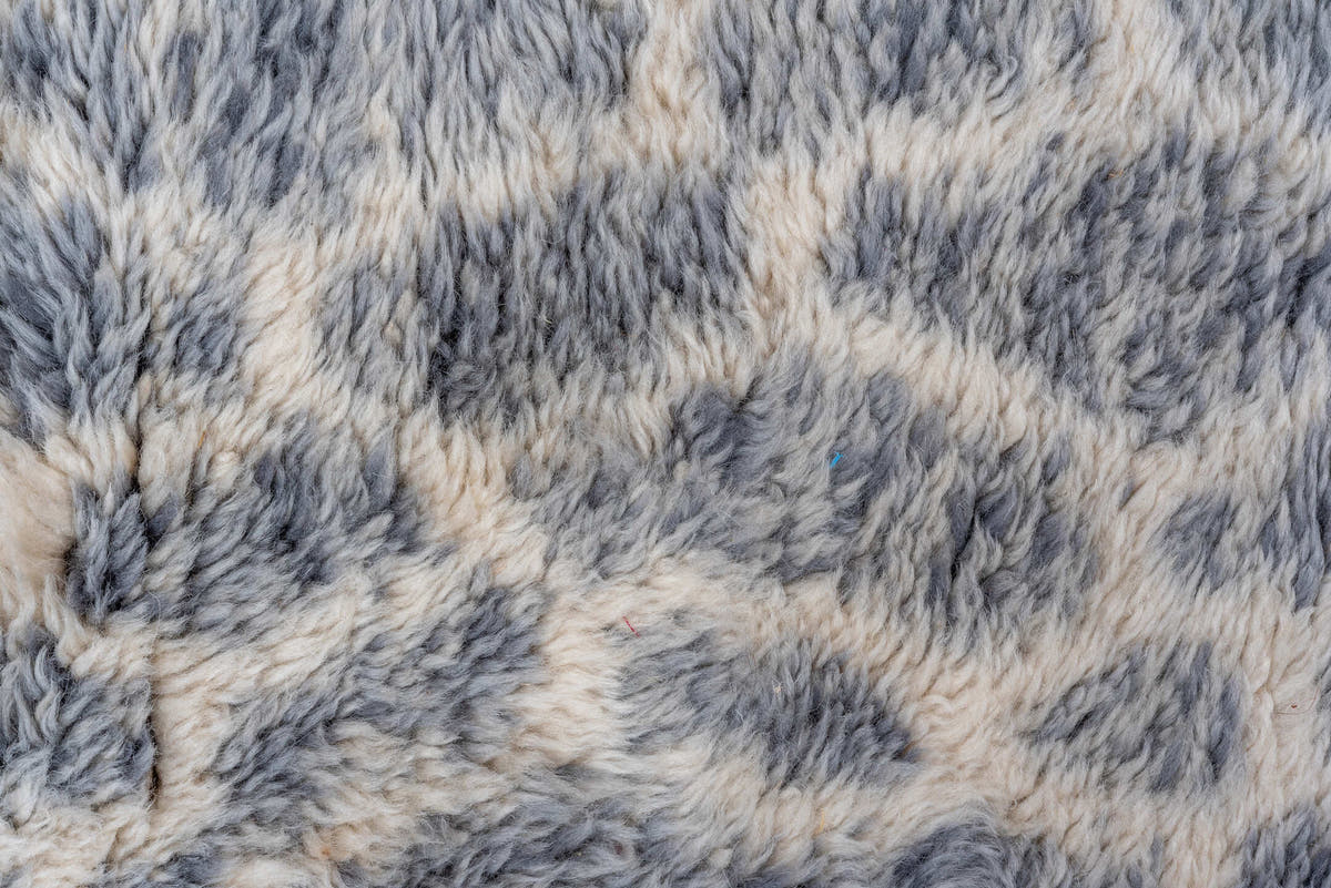 10' x 15' one-of-a-kind handmade vintage Moroccan rug. Color palette: ivory, slate, blue, charcoal, cream, taupe, gray