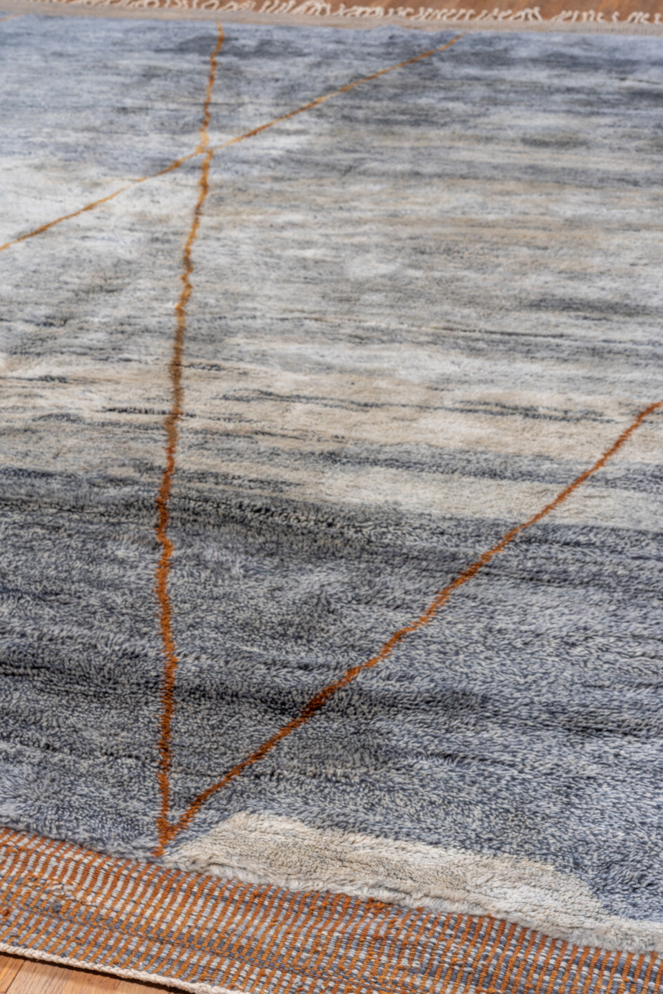 10' x 13' one-of-a-kind handmade vintage Moroccan large size rug. Color palette: black, blue, brown, charcoal, dark gray