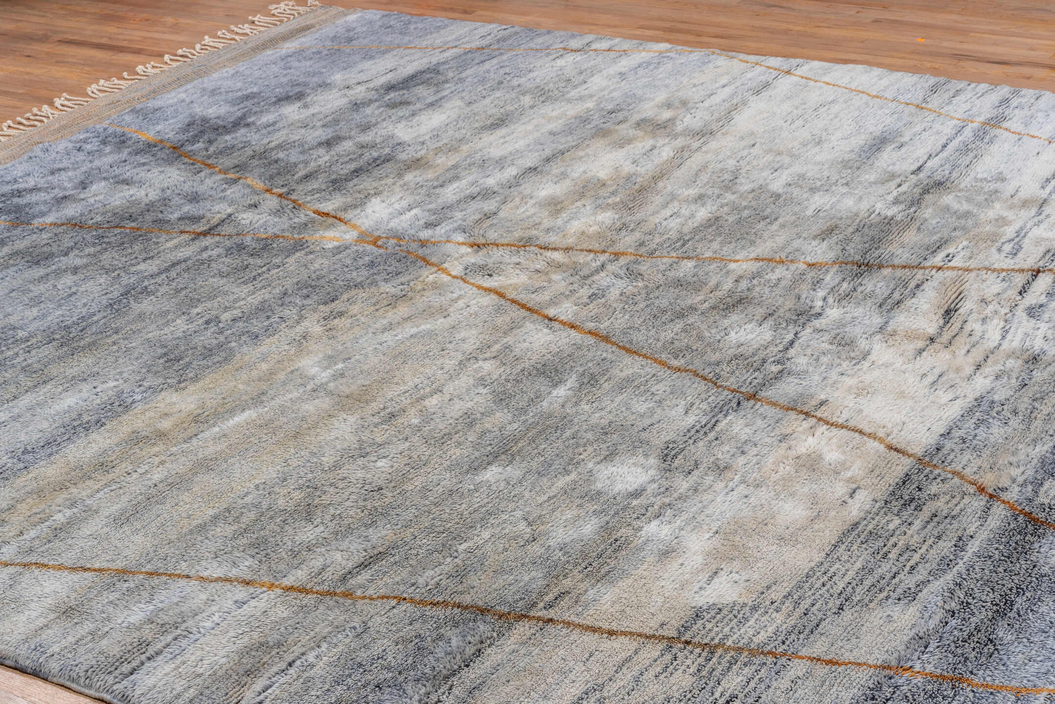 10' x 13' one-of-a-kind handmade vintage Moroccan large size rug. Color palette: black, blue, brown, charcoal, dark gray