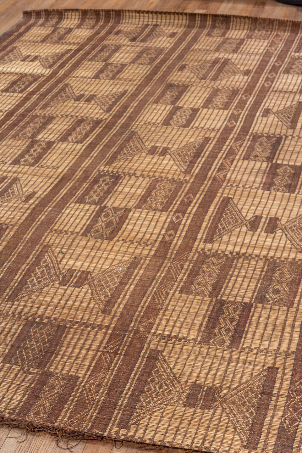 6' x 8' one-of-a-kind handmade vintage Tuareg medium size rug. Color palette: camel, tan, taupe, sienna, ivory, beige, gray