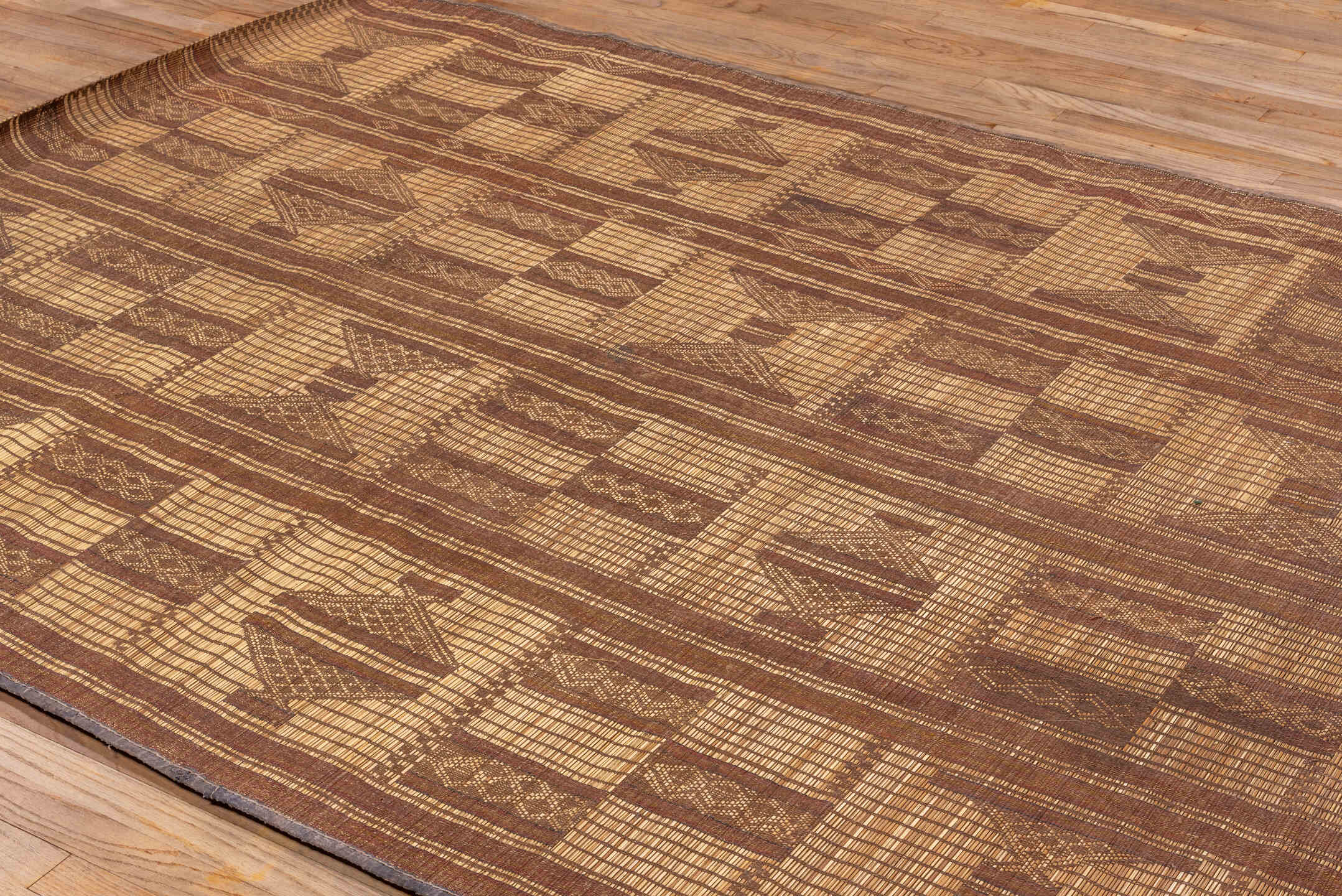 6' x 8' one-of-a-kind handmade vintage Tuareg medium size rug. Color palette: camel, tan, taupe, sienna, ivory, beige, gray