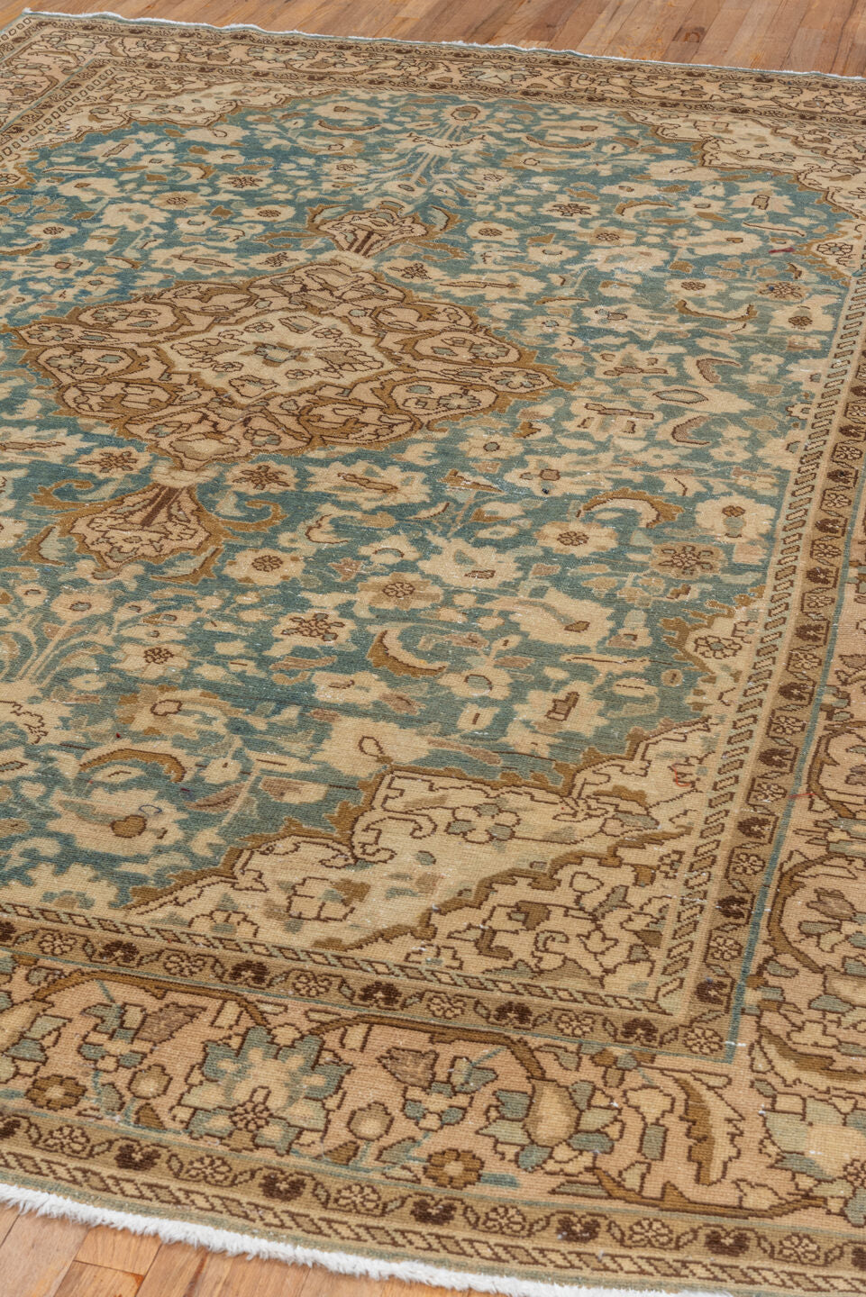 7' x 9' one-of-a-kind handmade vintage Malayer rug. Color palette: ivory, sky blue, tan, camel, taupe, brown, light blue