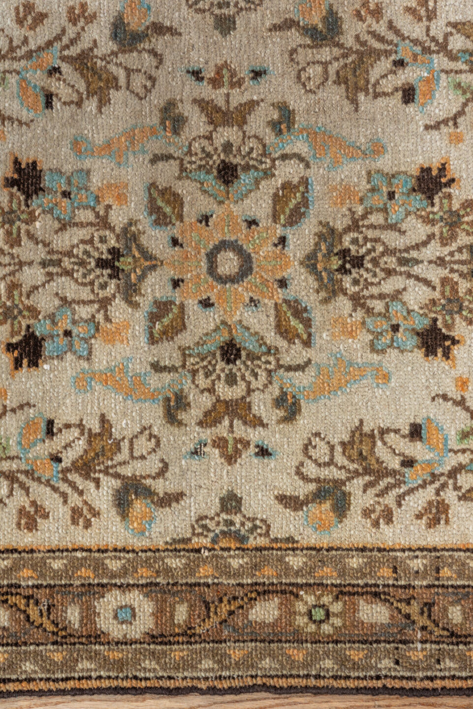 2' x 25' one-of-a-kind handmade vintage Lilian runner rug. Color palette: ivory, brown, taupe, sky blue, camel, charcoal