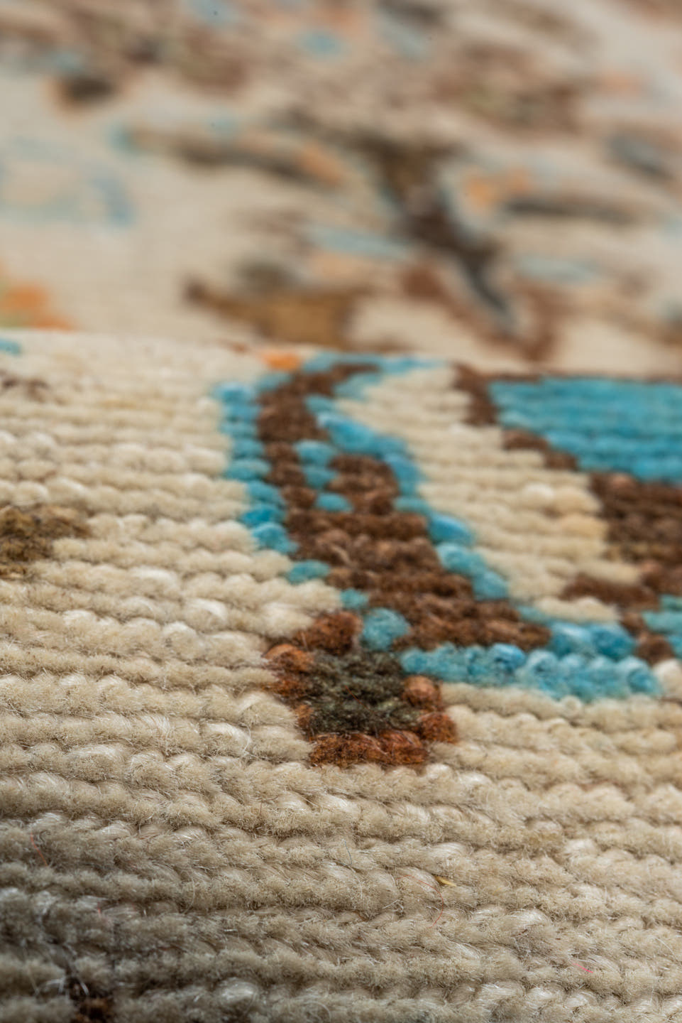 2' x 25' one-of-a-kind handmade vintage Lilian runner rug. Color palette: ivory, brown, taupe, sky blue, camel, charcoal