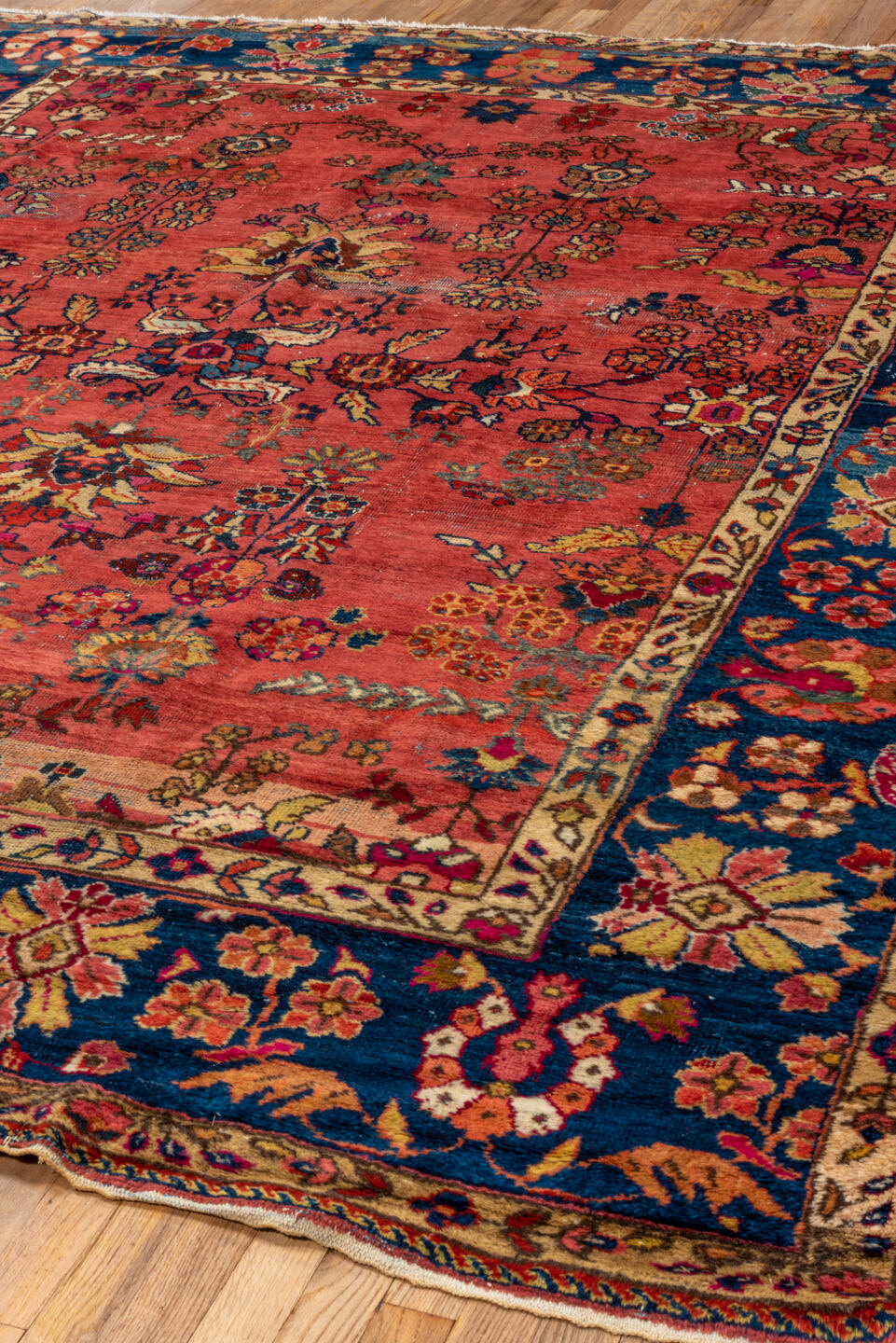 8' x 9' one-of-a-kind handmade vintage Mahal rug. Color palette: rose, navy, ivory, rust, gold, coral, saffron, burgundy