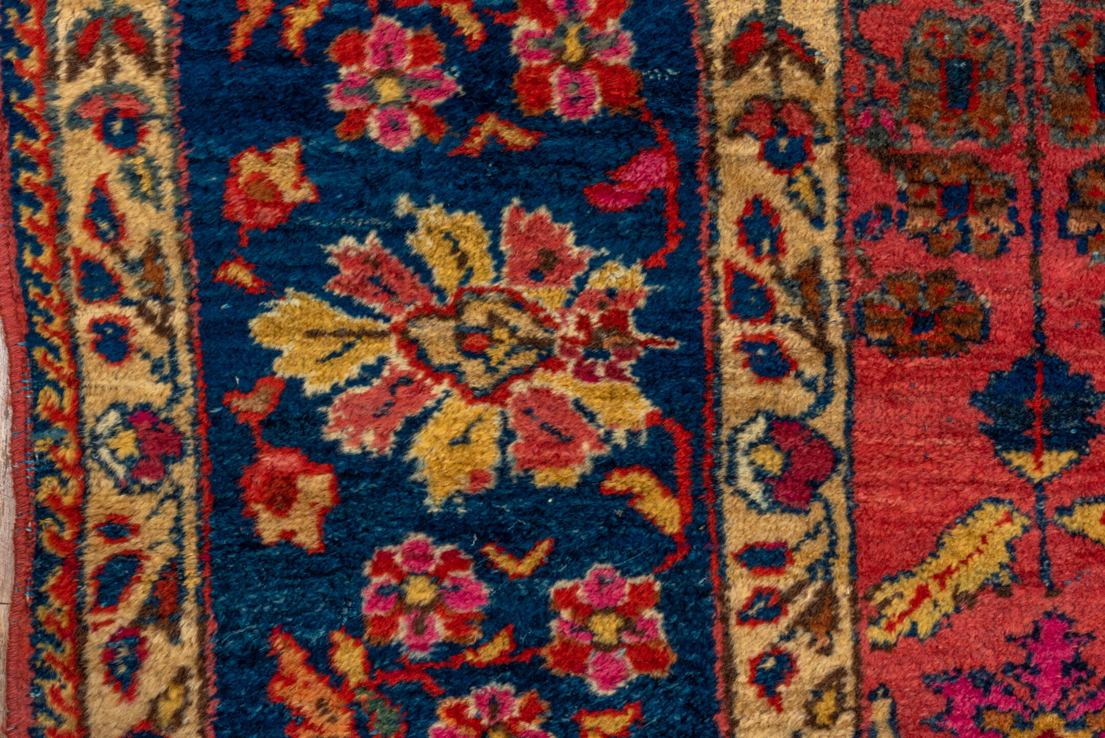 8' x 9' one-of-a-kind handmade vintage Mahal rug. Color palette: rose, navy, ivory, rust, gold, coral, saffron, burgundy