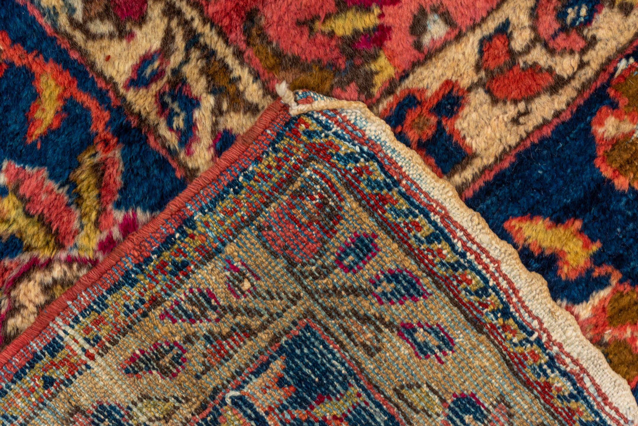 8' x 9' one-of-a-kind handmade vintage Mahal rug. Color palette: rose, navy, ivory, rust, gold, coral, saffron, burgundy