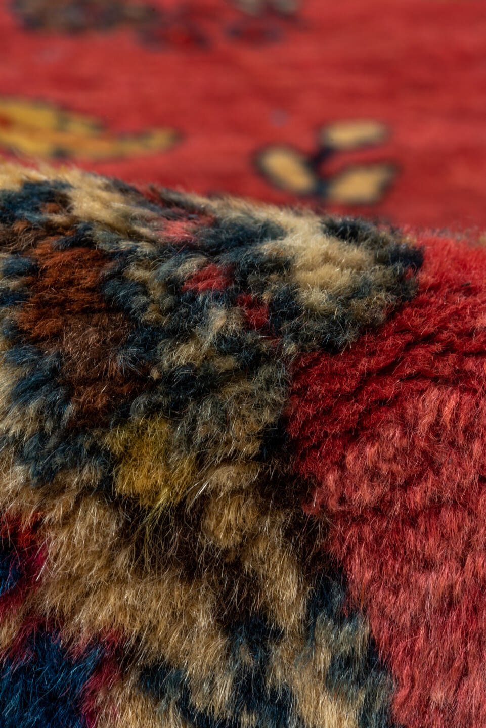 8' x 9' one-of-a-kind handmade vintage Mahal rug. Color palette: rose, navy, ivory, rust, gold, coral, saffron, burgundy