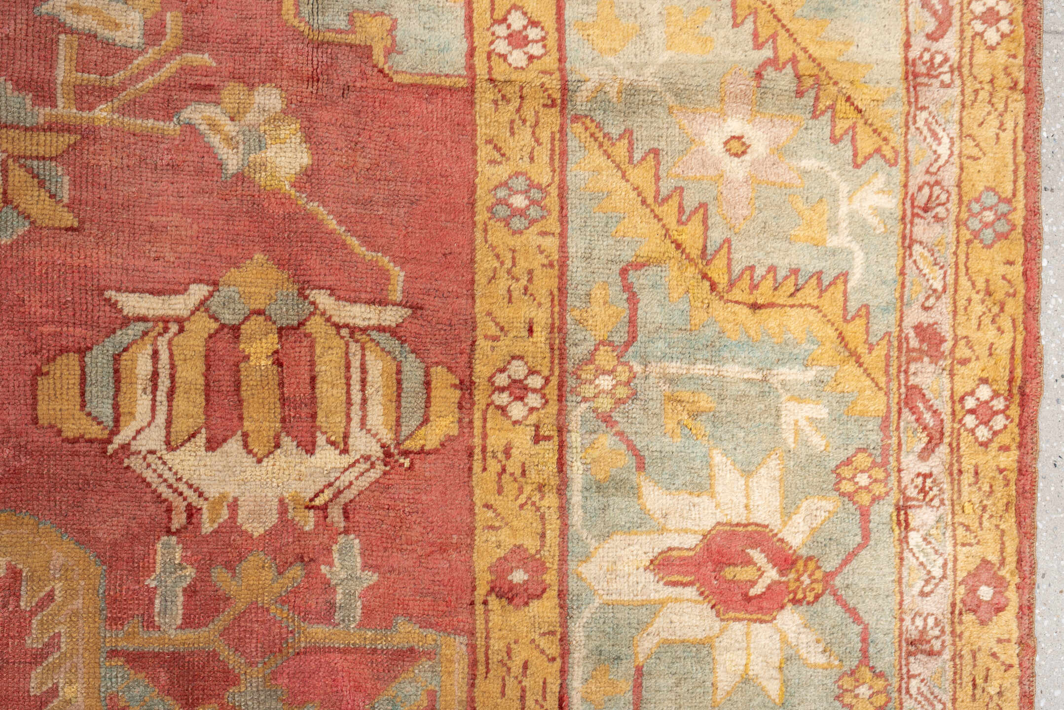13' x 13' one-of-a-kind handmade antique Oushak oversize rug. Color palette: terracotta, aqua, gold, ivory, camel, sage