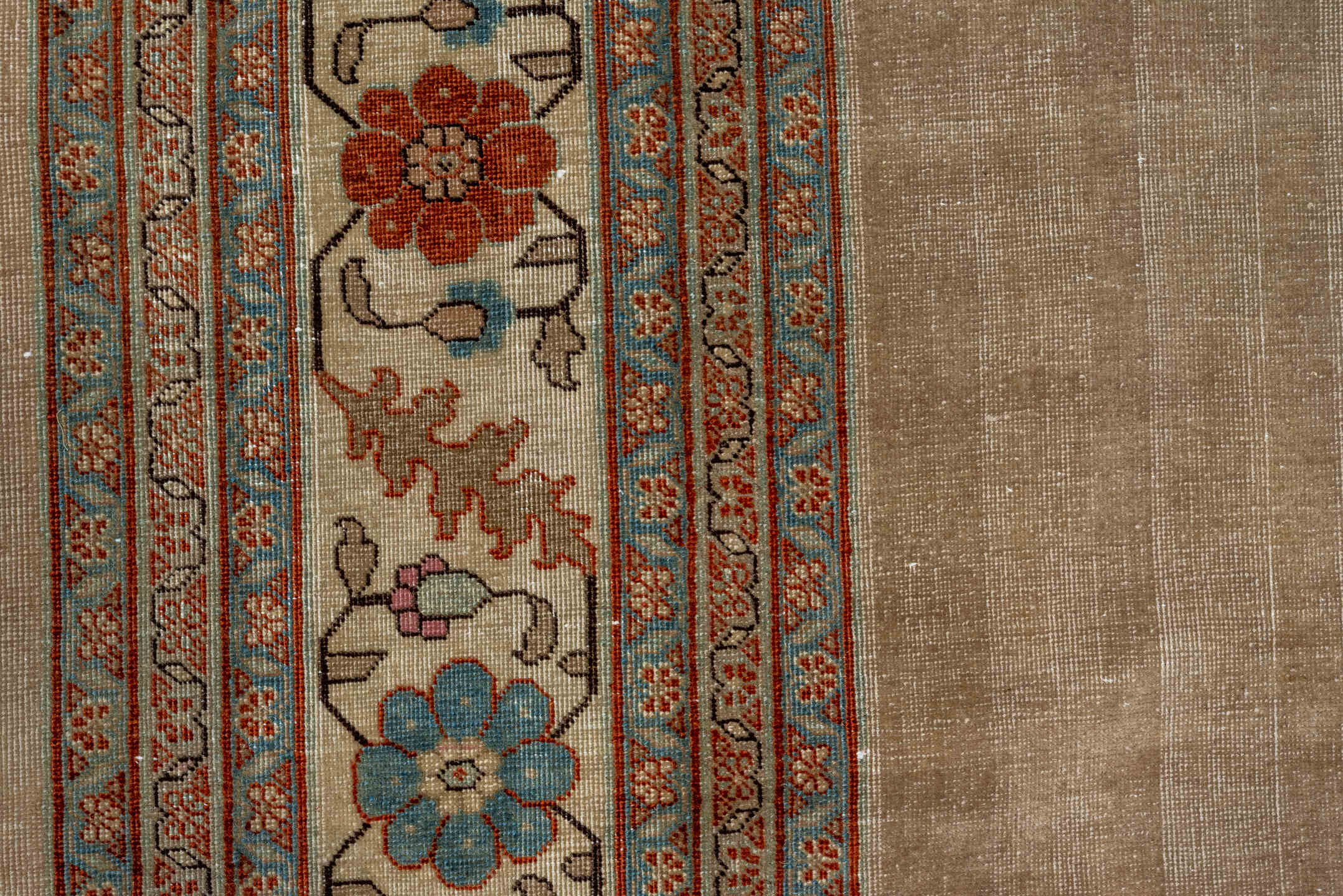8' x 12' one-of-a-kind handmade antique Tabriz large size rug. Color palette: taupe, ivory, soft blue, rust, rose, brown