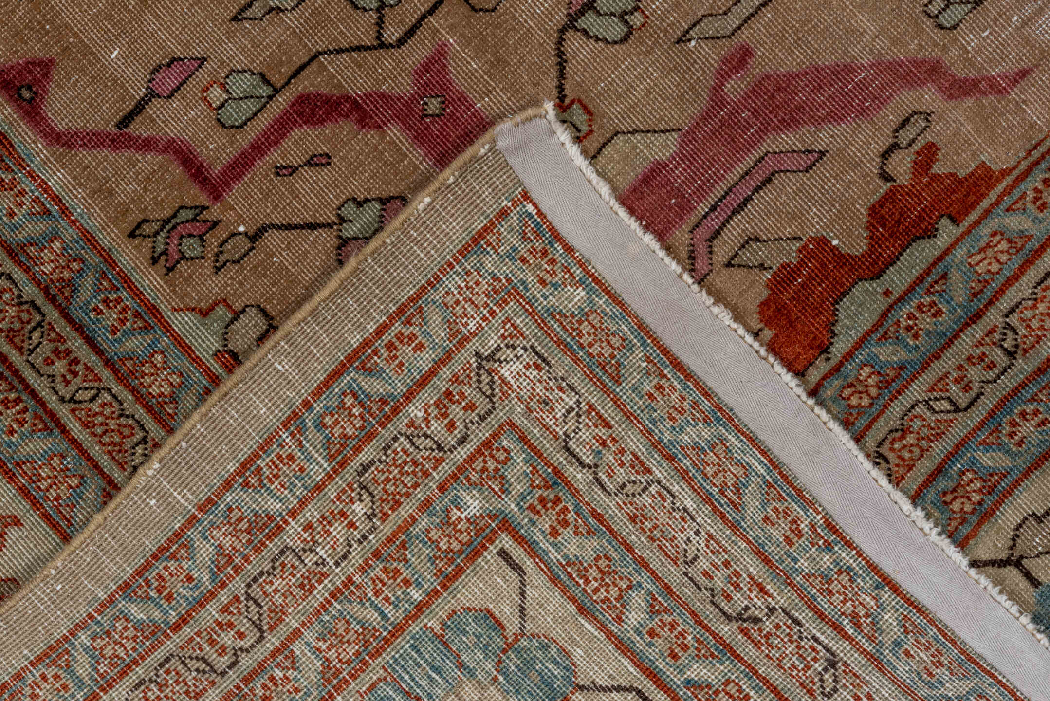 8' x 12' one-of-a-kind handmade antique Tabriz large size rug. Color palette: taupe, ivory, soft blue, rust, rose, brown