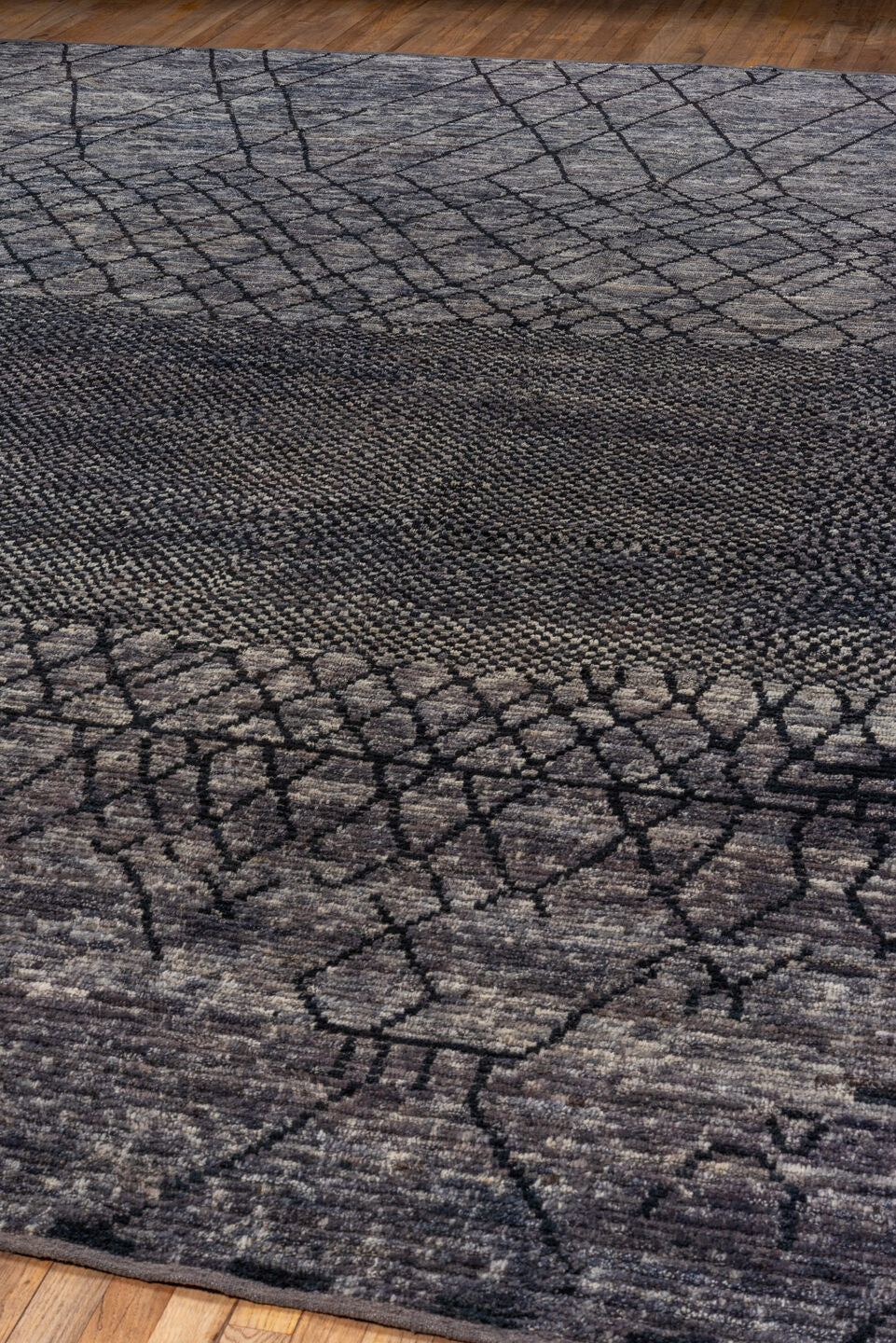 12' x 15' one-of-a-kind handmade vintage Tulu oversize rug. Color palette: black, blue, charcoal, dark gray, dim gray, gray