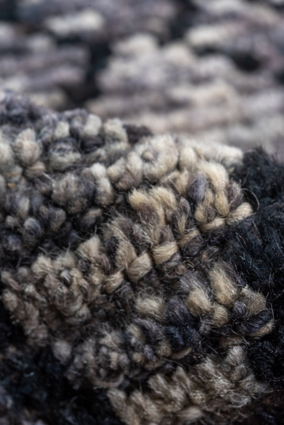 12' x 15' one-of-a-kind handmade vintage Tulu oversize rug. Color palette: black, blue, charcoal, dark gray, dim gray, gray