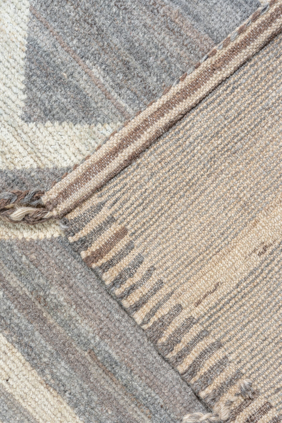 10' x 13' one-of-a-kind handmade vintage Tulu large size rug. Color palette: gray, ivory, blush, pale gold, light blue