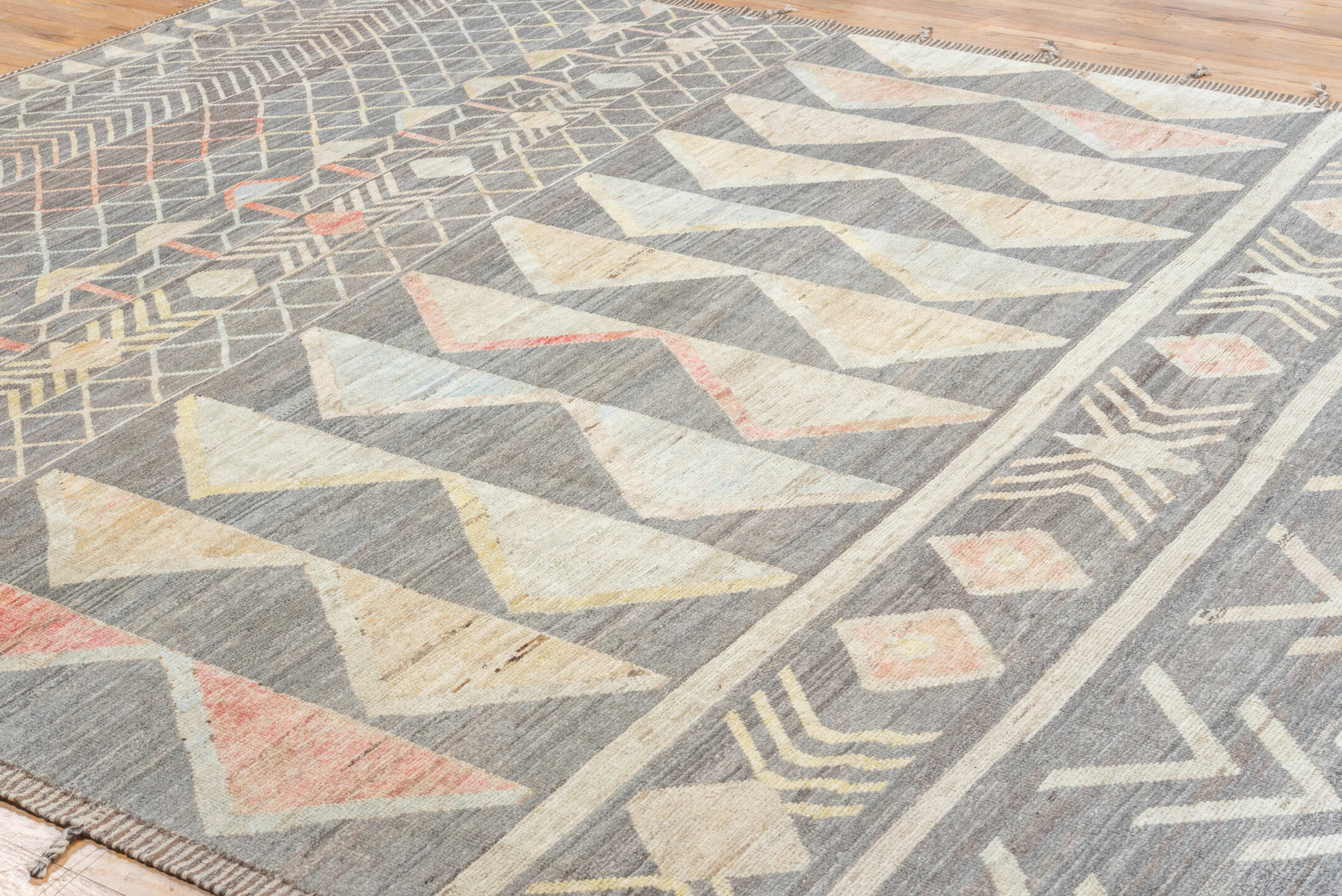 10' x 13' one-of-a-kind handmade vintage Tulu large size rug. Color palette: gray, ivory, blush, pale gold, light blue