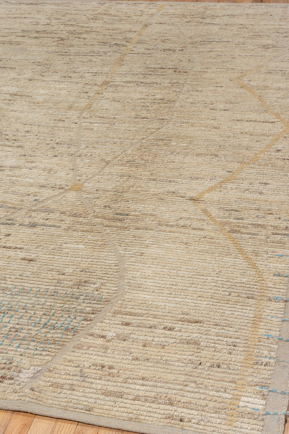 9' x 11' one-of-a-kind handmade vintage Tulu large size rug. Color palette: ivory, cream, taupe, beige, camel, pale blue