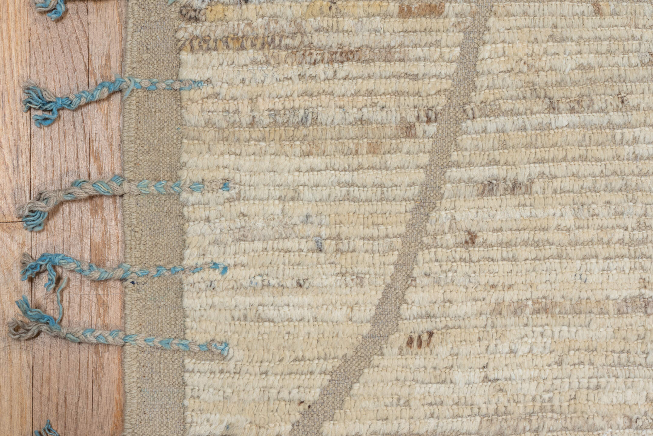 9' x 11' one-of-a-kind handmade vintage Tulu large size rug. Color palette: ivory, cream, taupe, beige, camel, pale blue