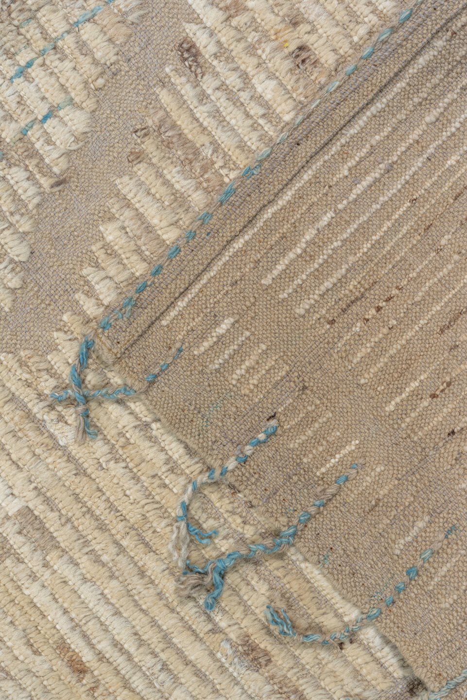 9' x 11' one-of-a-kind handmade vintage Tulu large size rug. Color palette: ivory, cream, taupe, beige, camel, pale blue