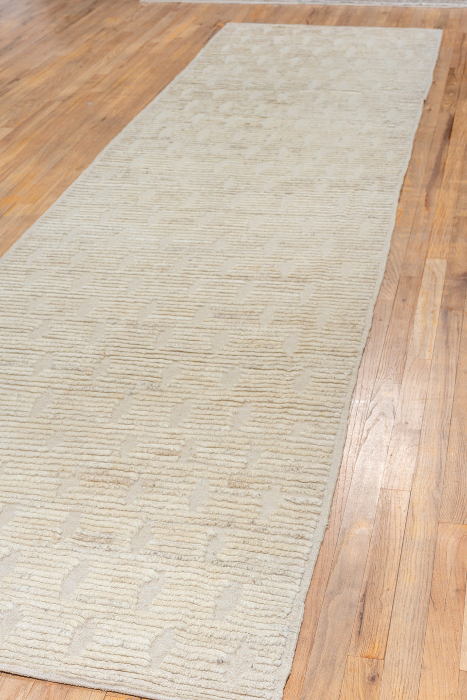 3' x 14' one-of-a-kind handmade vintage Tulu runner rug. Color palette: ivory, cream, beige, taupe, gray