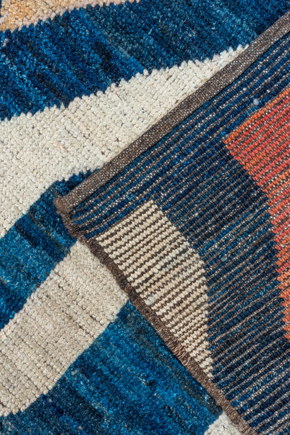 10' x 13' one-of-a-kind handmade vintage Tulu large size rug. Color palette: blue, ivory, sky_blue, blush, coral, gold, aqua