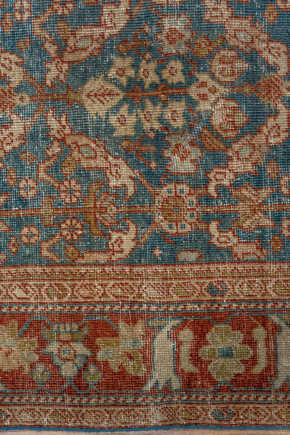 3' x 9' one-of-a-kind handmade antique Mahal runner rug. Color palette: blue, rust, ivory, camel, taupe, sage, gold