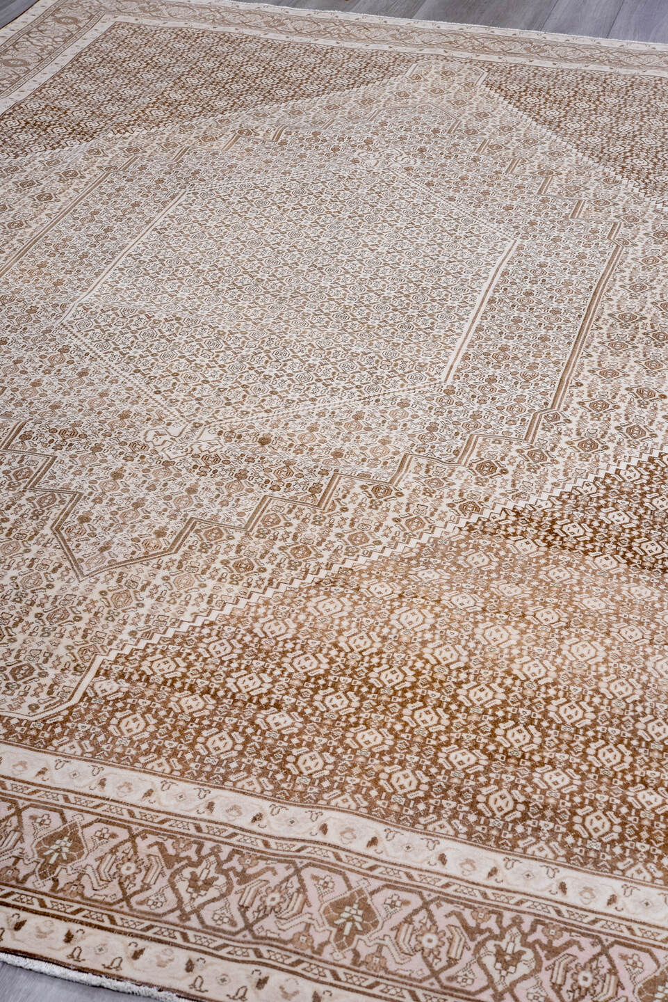 8' x 11' one-of-a-kind handmade antique Turkish large size rug. Color palette: ivory, camel, taupe, beige, light brown, gray
