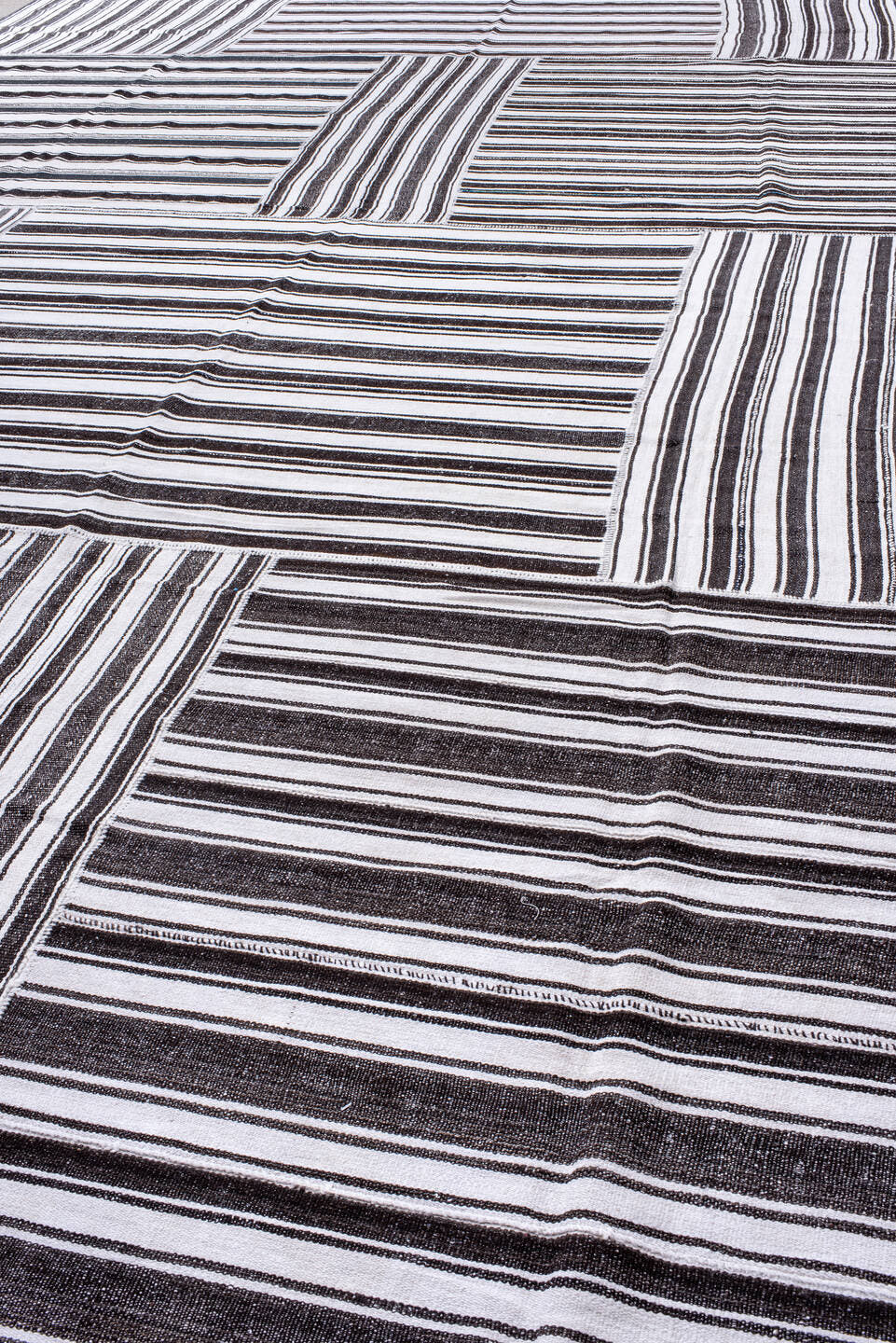 15' x 21' one-of-a-kind handmade antique Flatweave oversize rug. Color palette: ivory, charcoal, black, gray