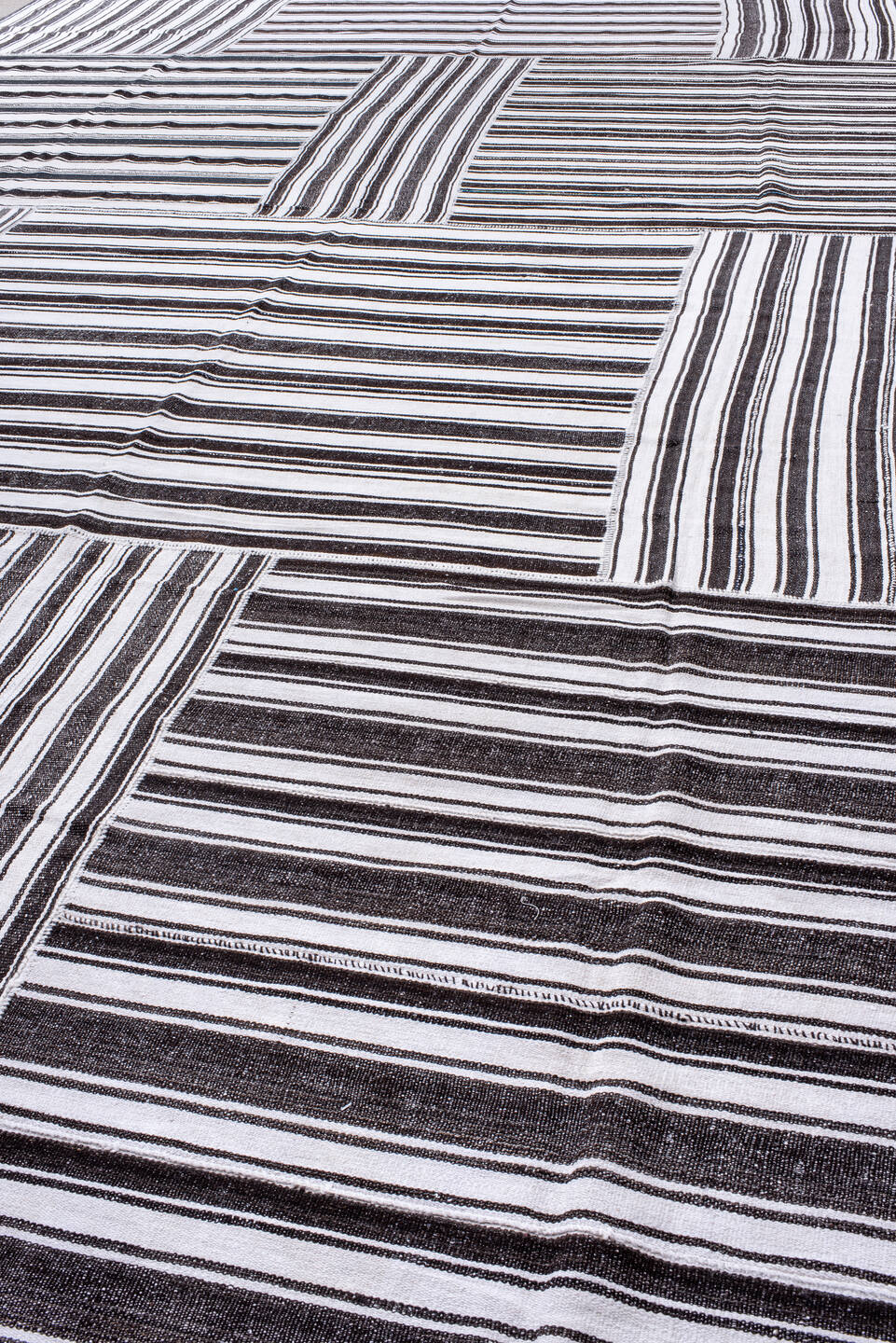 15' x 21' one-of-a-kind handmade antique Flatweave oversize rug. Color palette: ivory, charcoal, black, gray