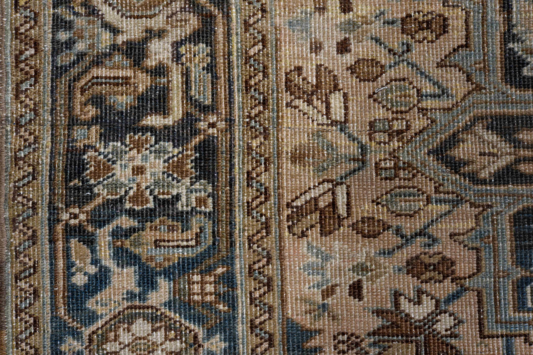 4' x 6' one-of-a-kind handmade vintage Heriz rug. Color palette: ivory, slate, taupe, sky blue, charcoal, brown, gray, beige