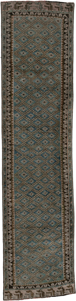 3' x 12' one-of-a-kind handmade vintage NW Persian runner rug. Color palette: turquoise, taupe, charcoal, ivory, camel
