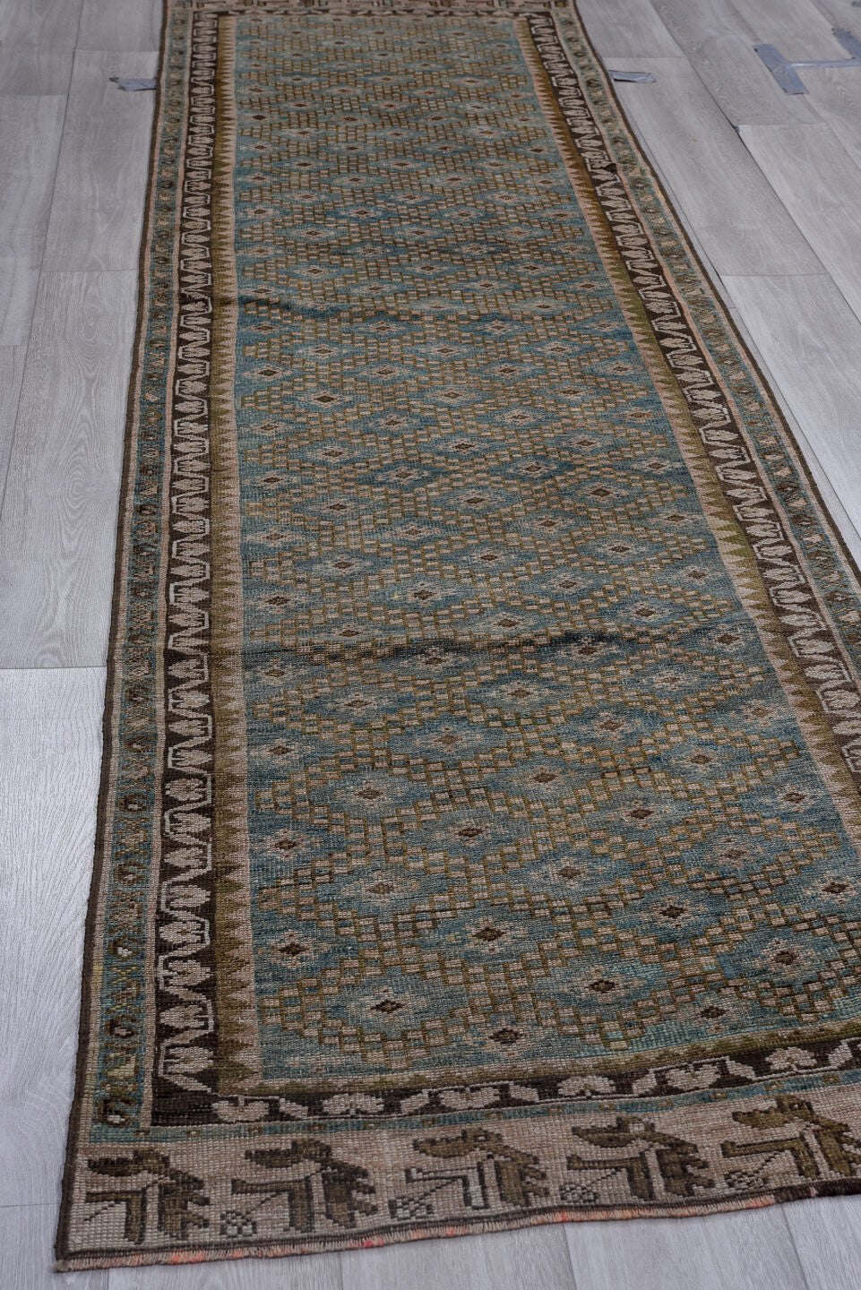 3' x 12' one-of-a-kind handmade vintage NW Persian runner rug. Color palette: turquoise, taupe, charcoal, ivory, camel