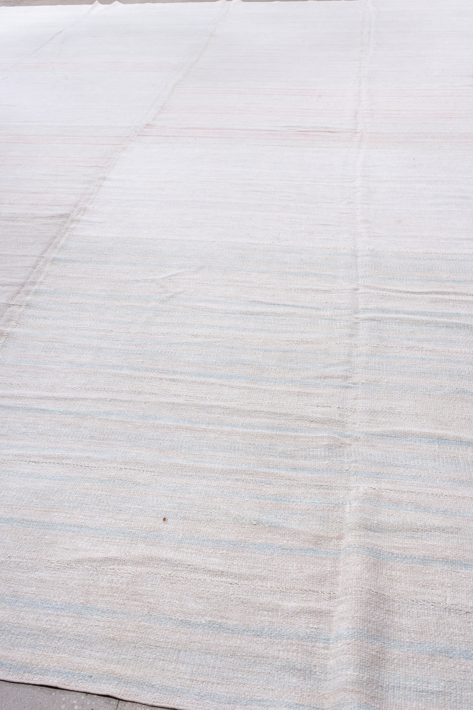 15' x 19' one-of-a-kind handmade antique Flatweave oversize rug. Color palette: ivory, blush, pale blue, cream, pink