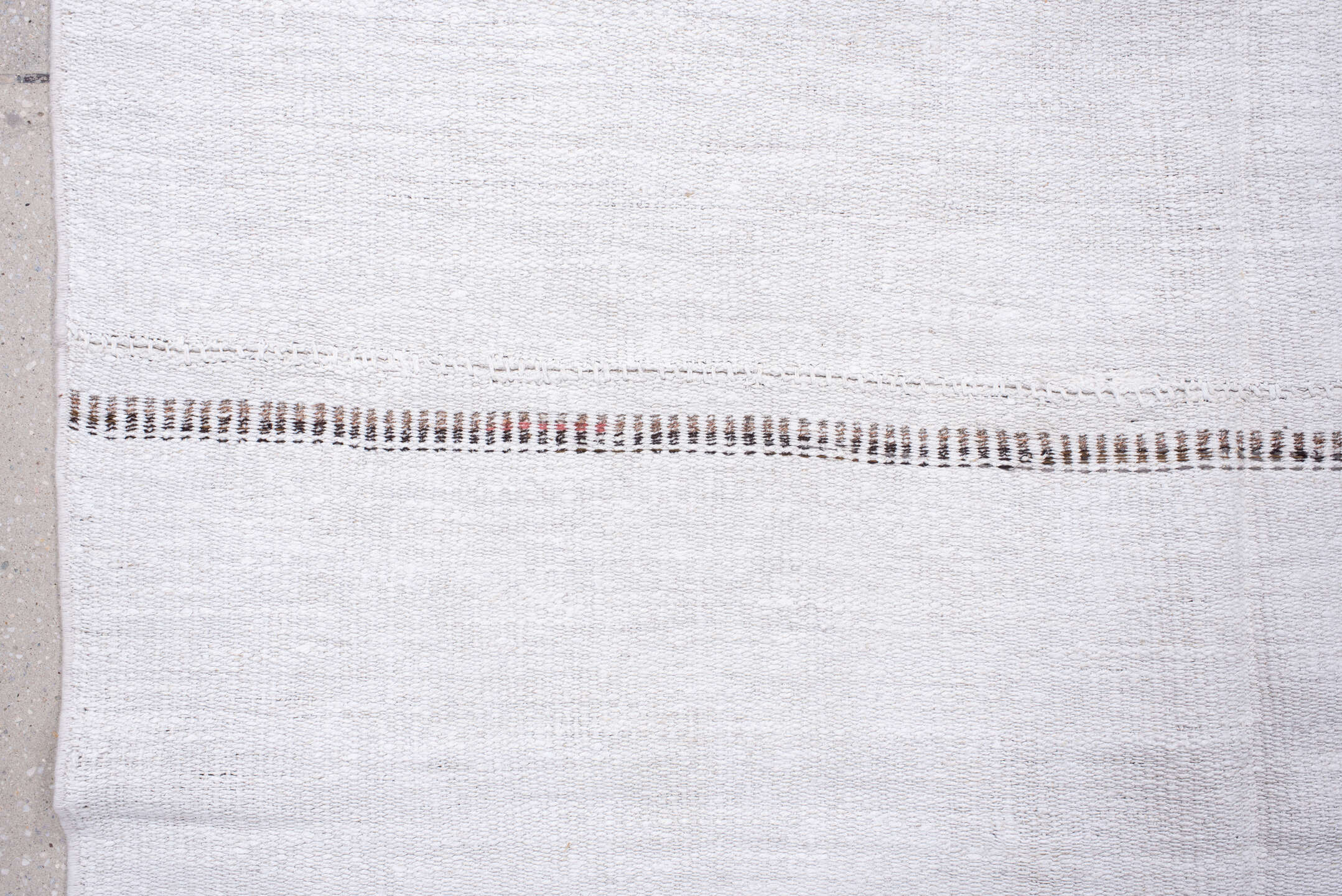 7' x 12' one-of-a-kind handmade vintage Flatweave large size rug. Color palette: ivory, charcoal, taupe, rose, gray, black