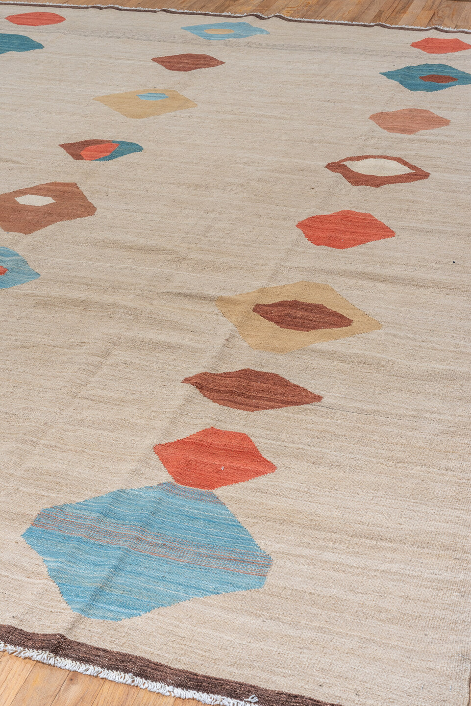 8' x 11' one-of-a-kind handmade vintage Kilim large size rug. Color palette: blue, brown, gray, light gray, off-white, pink