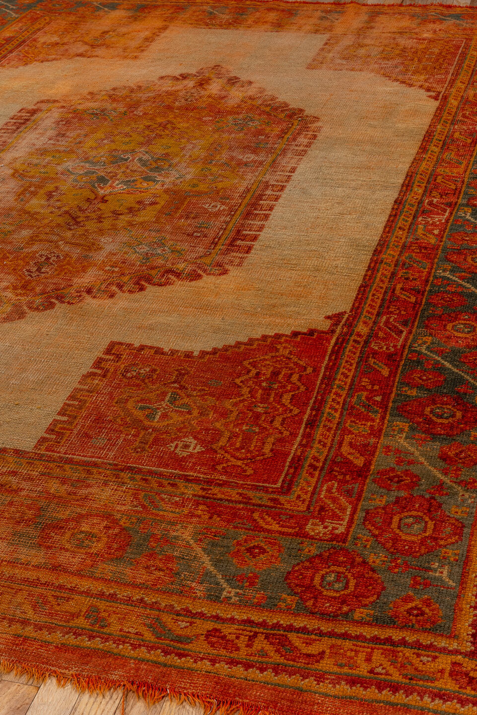 8' x 9' one-of-a-kind handmade vintage Oushak rug. Color palette: peach, rust, terra cotta, ivory, slate, gold, rose