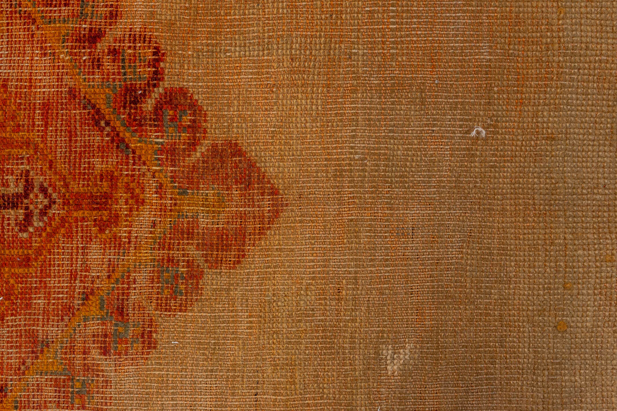 8' x 9' one-of-a-kind handmade vintage Oushak rug. Color palette: peach, rust, terra cotta, ivory, slate, gold, rose