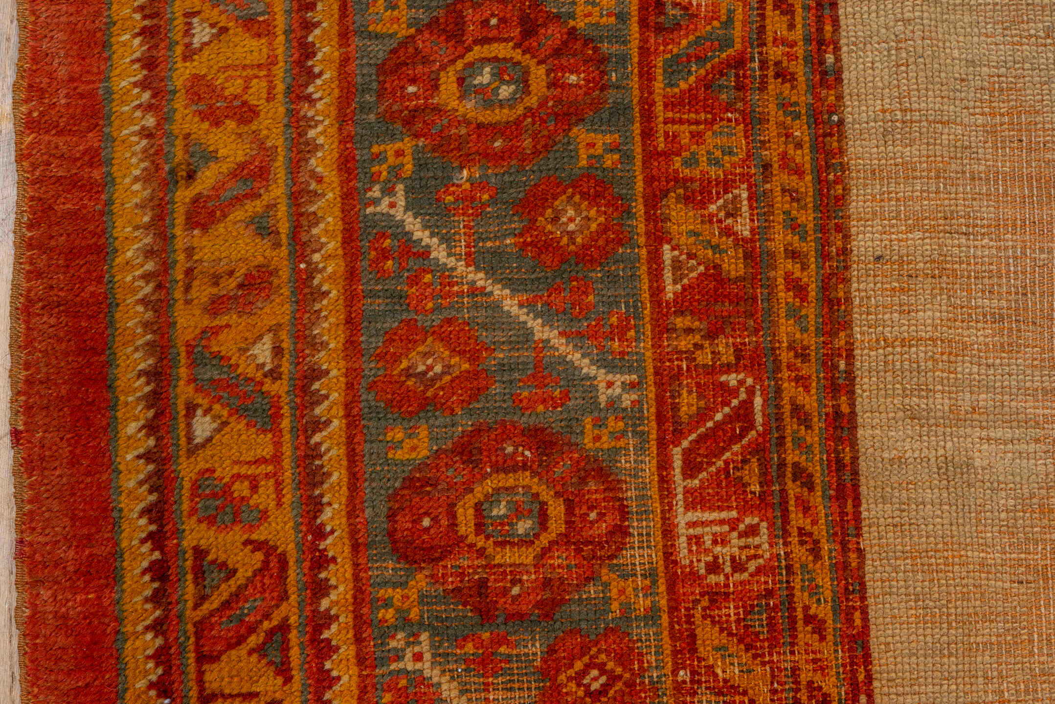 8' x 9' one-of-a-kind handmade vintage Oushak rug. Color palette: peach, rust, terra cotta, ivory, slate, gold, rose