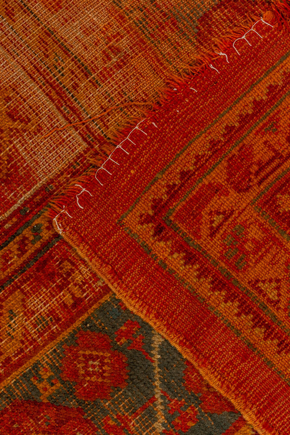 8' x 9' one-of-a-kind handmade vintage Oushak rug. Color palette: peach, rust, terra cotta, ivory, slate, gold, rose