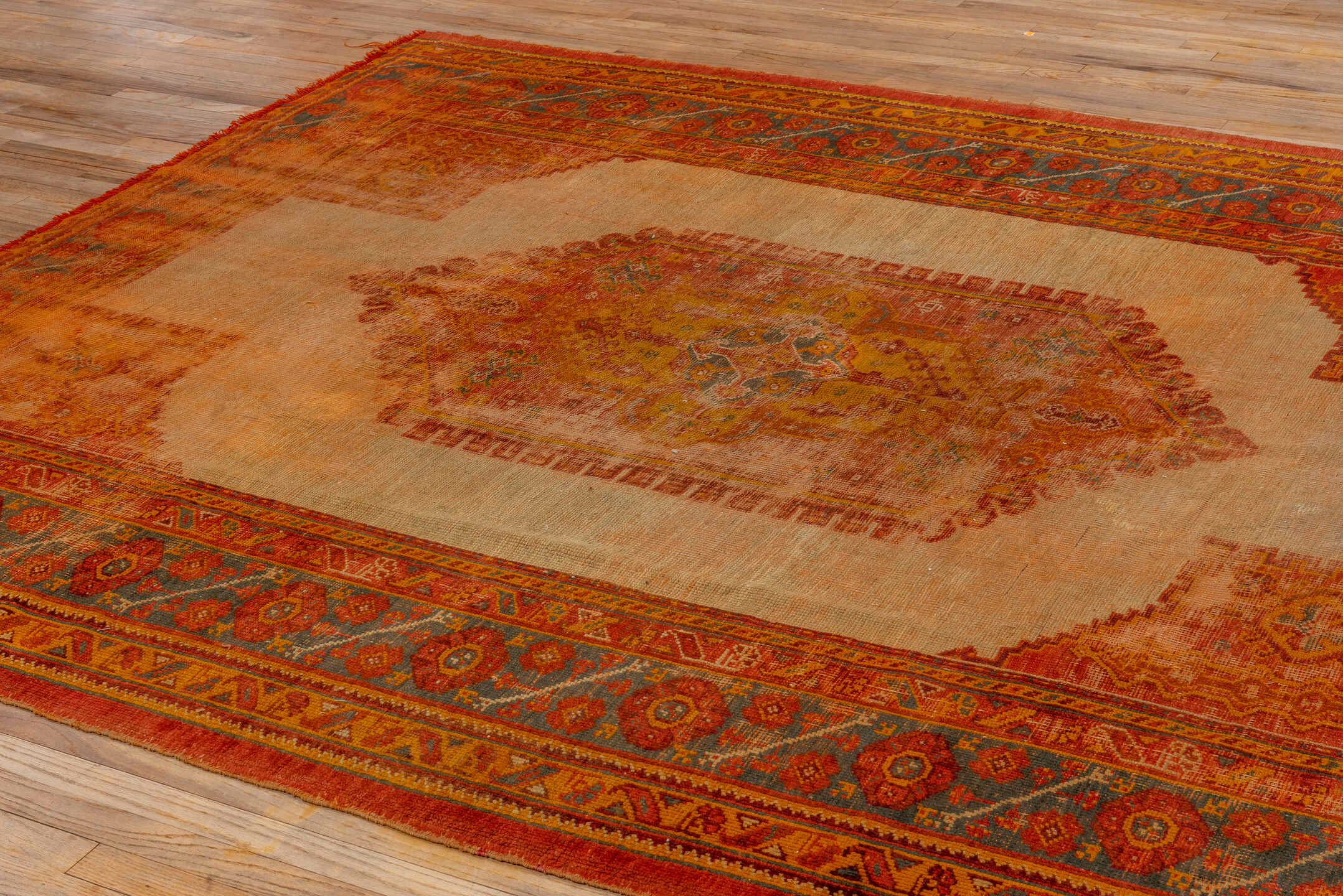 8' x 9' one-of-a-kind handmade vintage Oushak rug. Color palette: peach, rust, terra cotta, ivory, slate, gold, rose