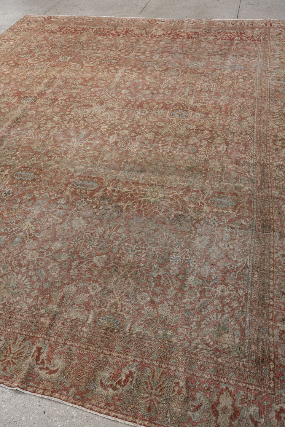 8' x 11' one-of-a-kind handmade vintage Far.Sarouk large size rug. Color palette: terracotta, ivory, sage, muted blue, taupe